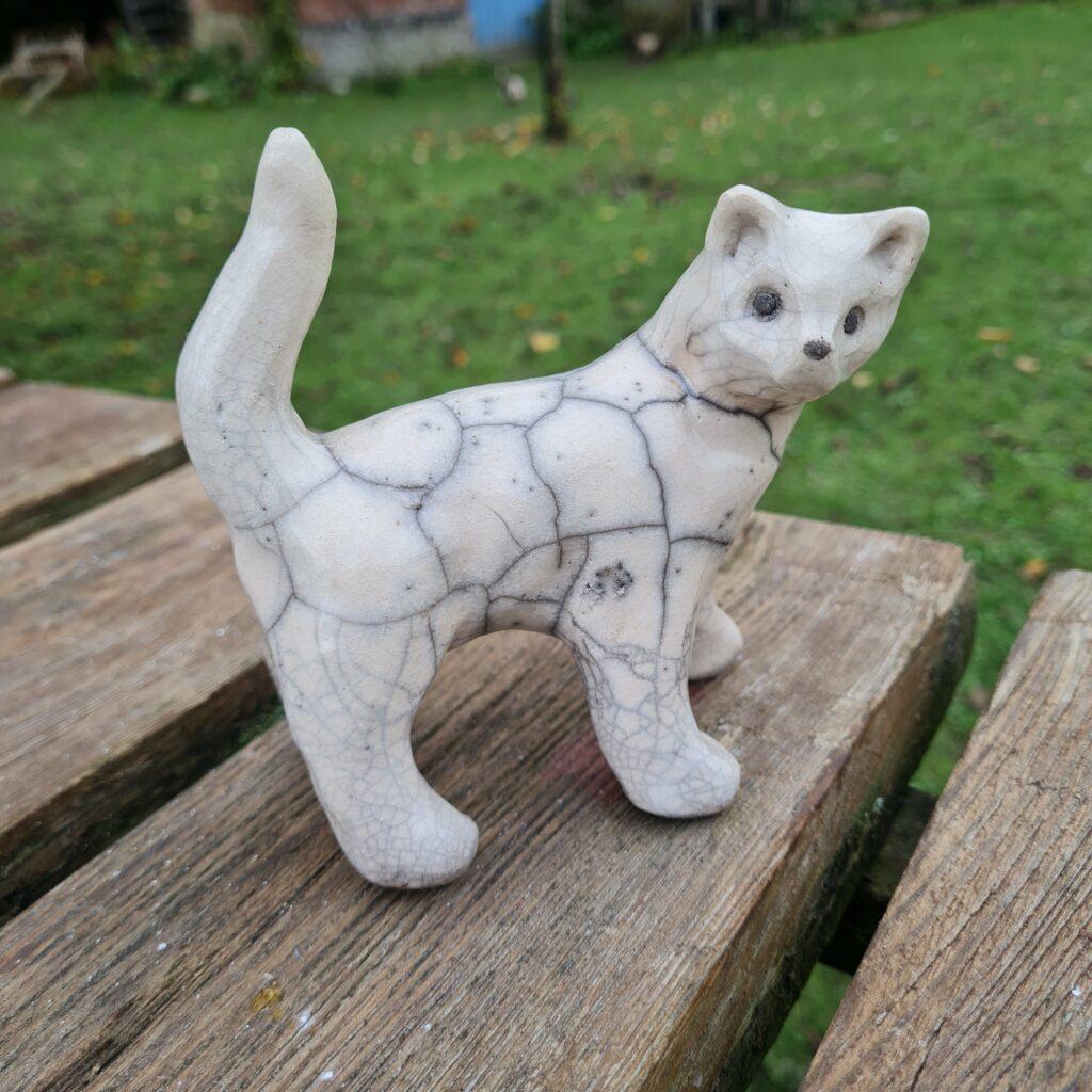 Statuette Vintage Couple De Chats En Céramique Blanche - 18,5 Cm - Fait Main