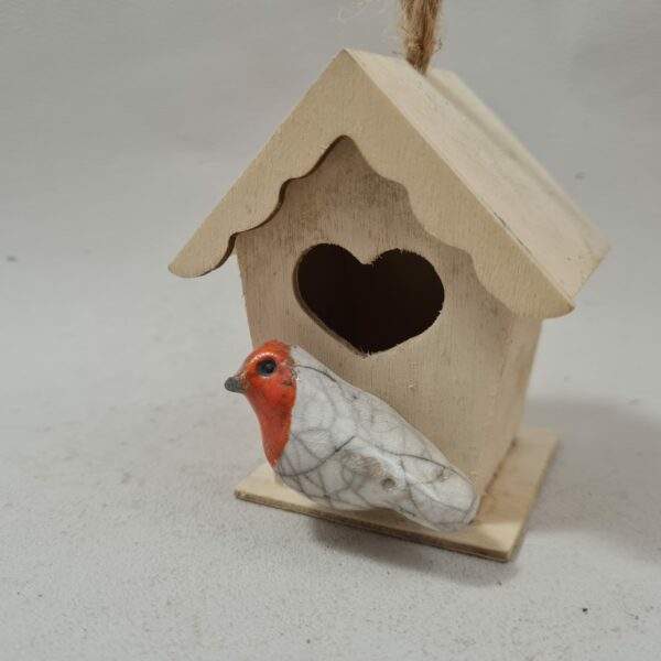 rouge gorge mini devant sa maison en bois