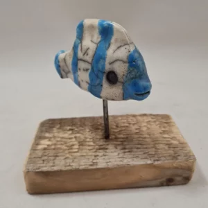 poisson céramique raku rayé bleu et blanc fabrication artisanale francaise