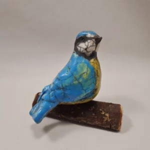 Grande mésange bleue en céramique Raku artisanale